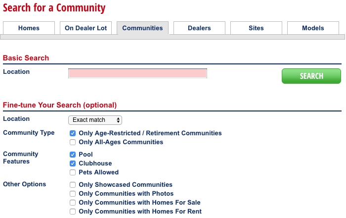 Mobile Home Park Search on MHVillage